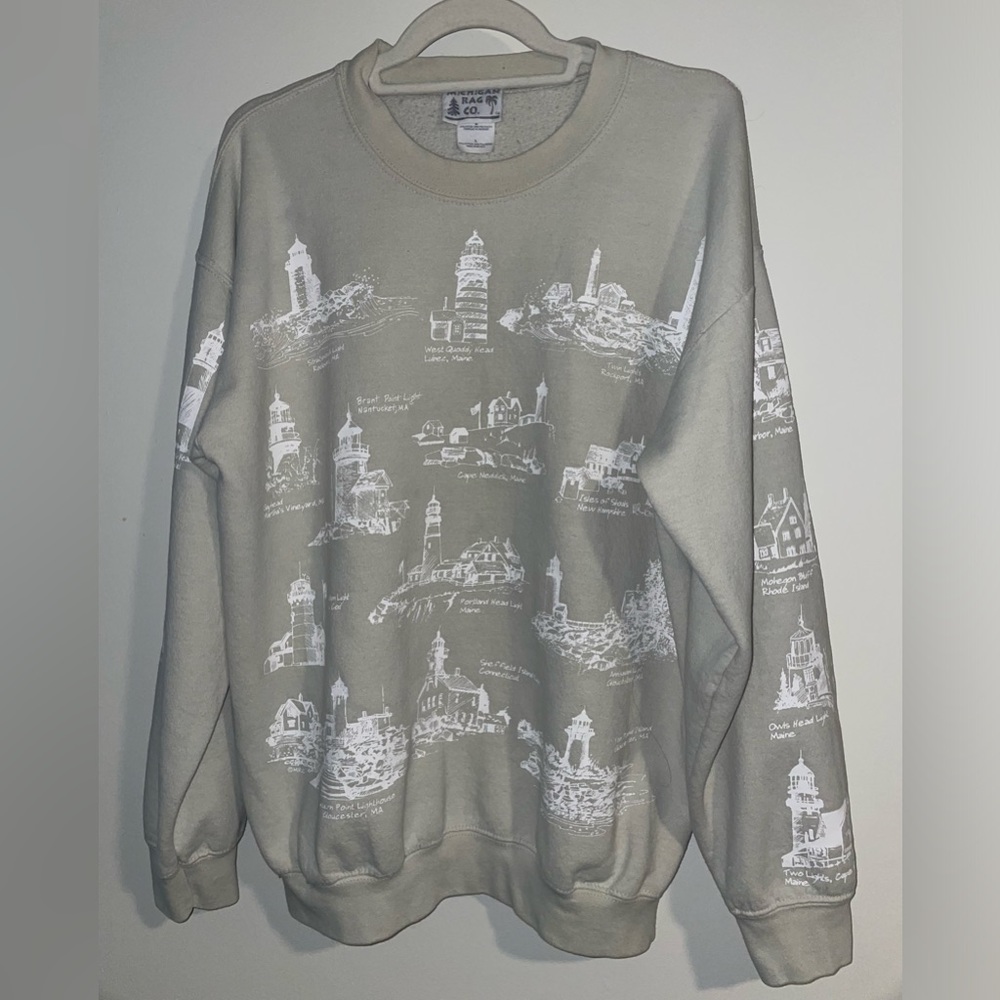 Vintage Michigan Rag Co All Over Print Lighthouse Crewneck Sweatshirt Sage Large